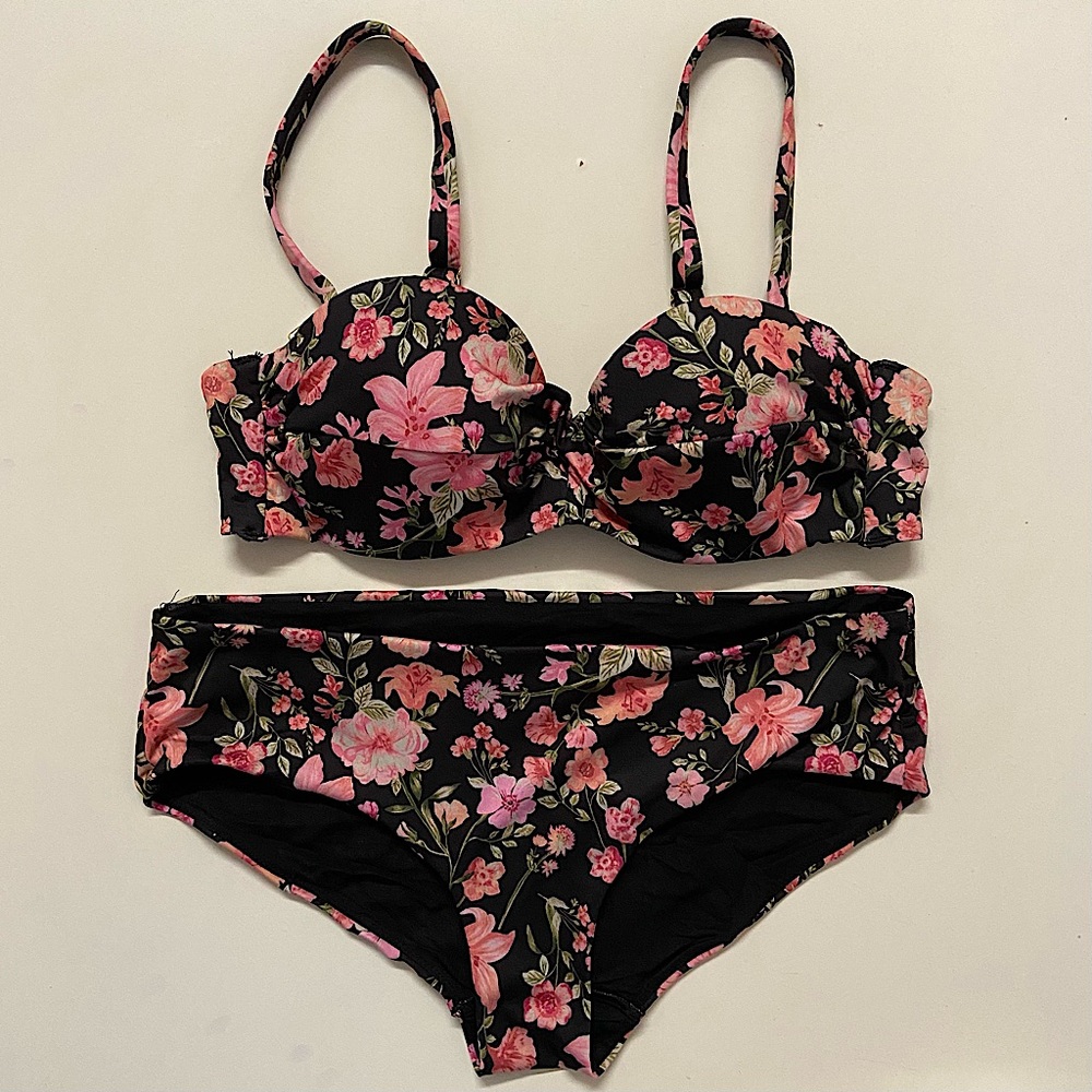 H&M Pink Flower Print Black Swimwear Set